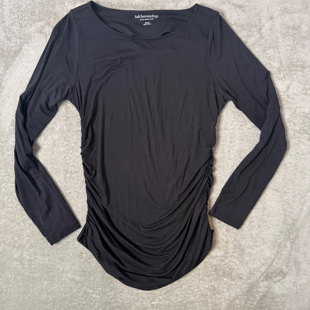 Soft Surroundings Black Ruched Side Long Sleeve Top Size XS Stretch Minimalist - Picture 2 of 8